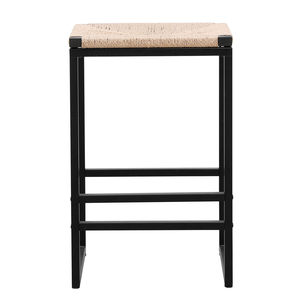 Boho Style Backless Bar Stools (Set of 2) With Paper Rope Woven Seat & Metal Frame For Kitchen Counter