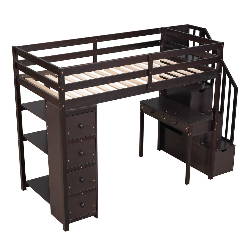 Loft Bed With Storage Drawers, Desk And Stairs With Shelves