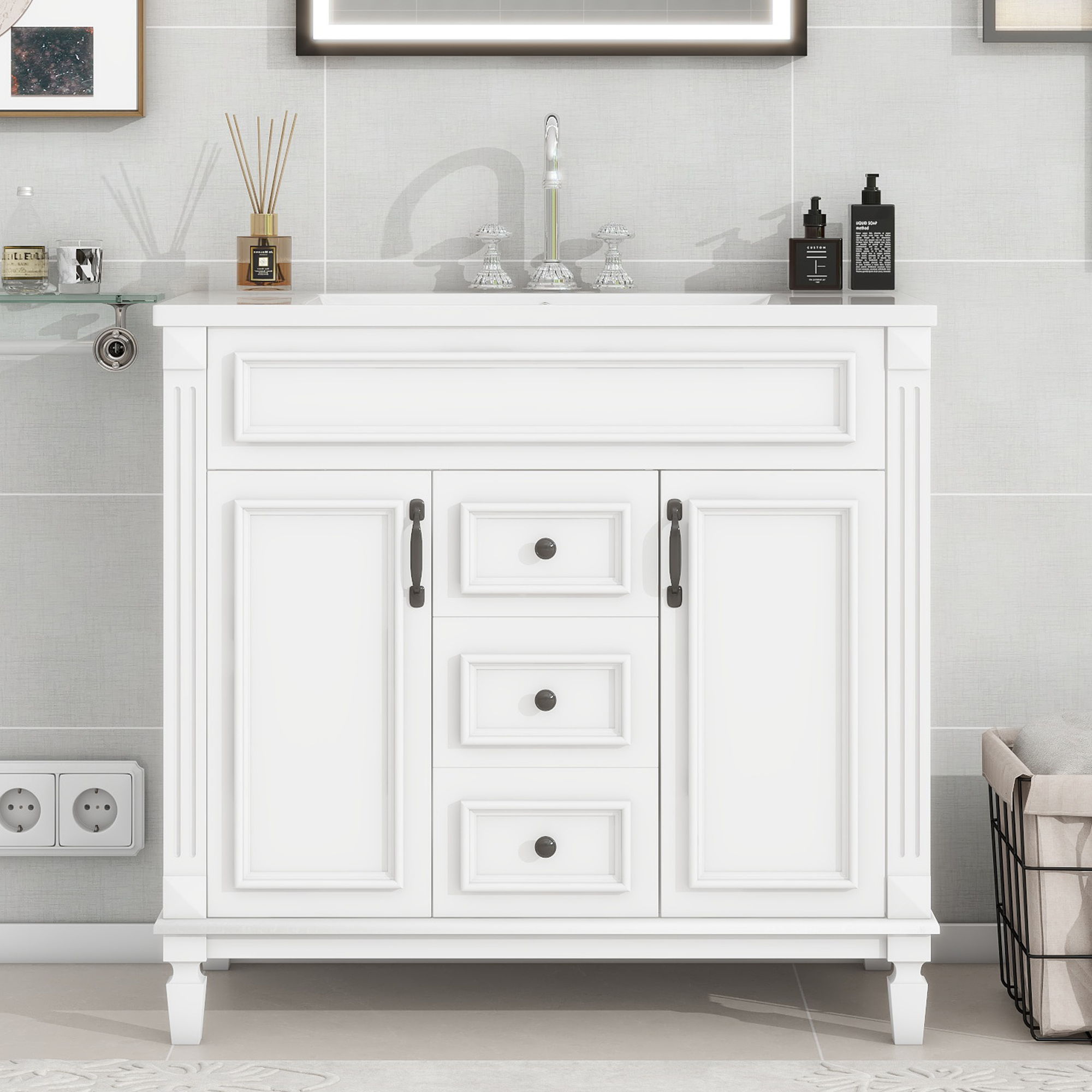 Bathroom Vanity With Top Sink, Basin On Cabinet With 2 Soft Closing Doors And 2 Drawers