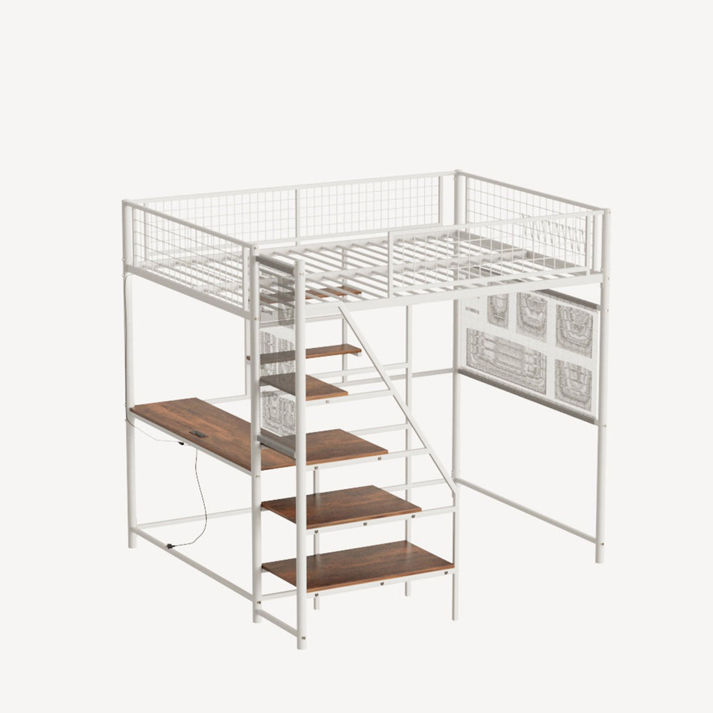 Metal Loft Bed With Built - In Charging Station And LED Light