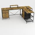 Industrial L Shaped Computer Desk With Power Outlets & USB-C, 6 Fabric Drawers, 3 Open Shelves, Movable Monitor Stands - Brown