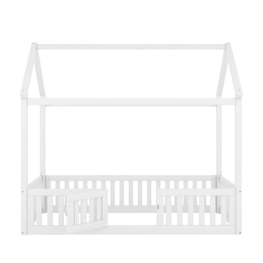 Wood House Bed With Fence And Door