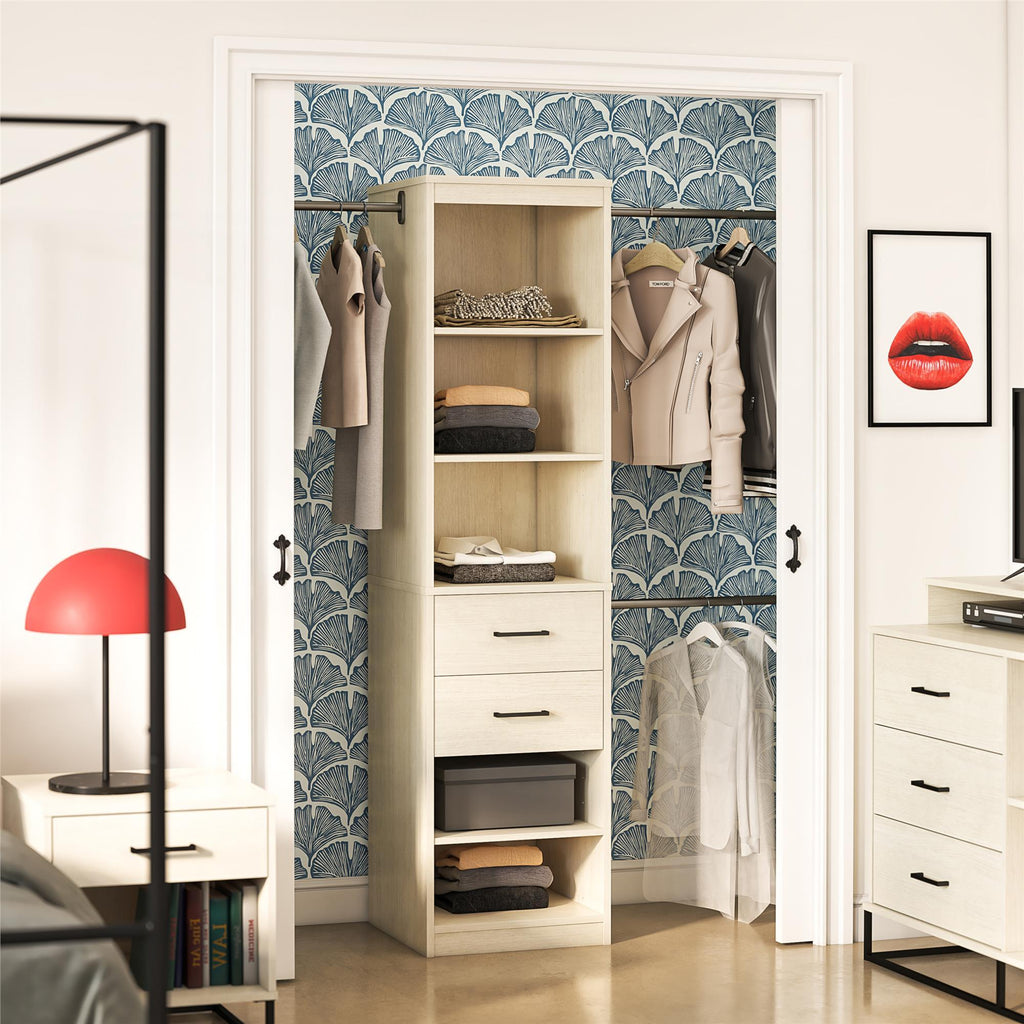 Kelly - 5 Shelf 2 Drawer Closet Organizer With 3 Adjustable Hanging Rods - Ivory