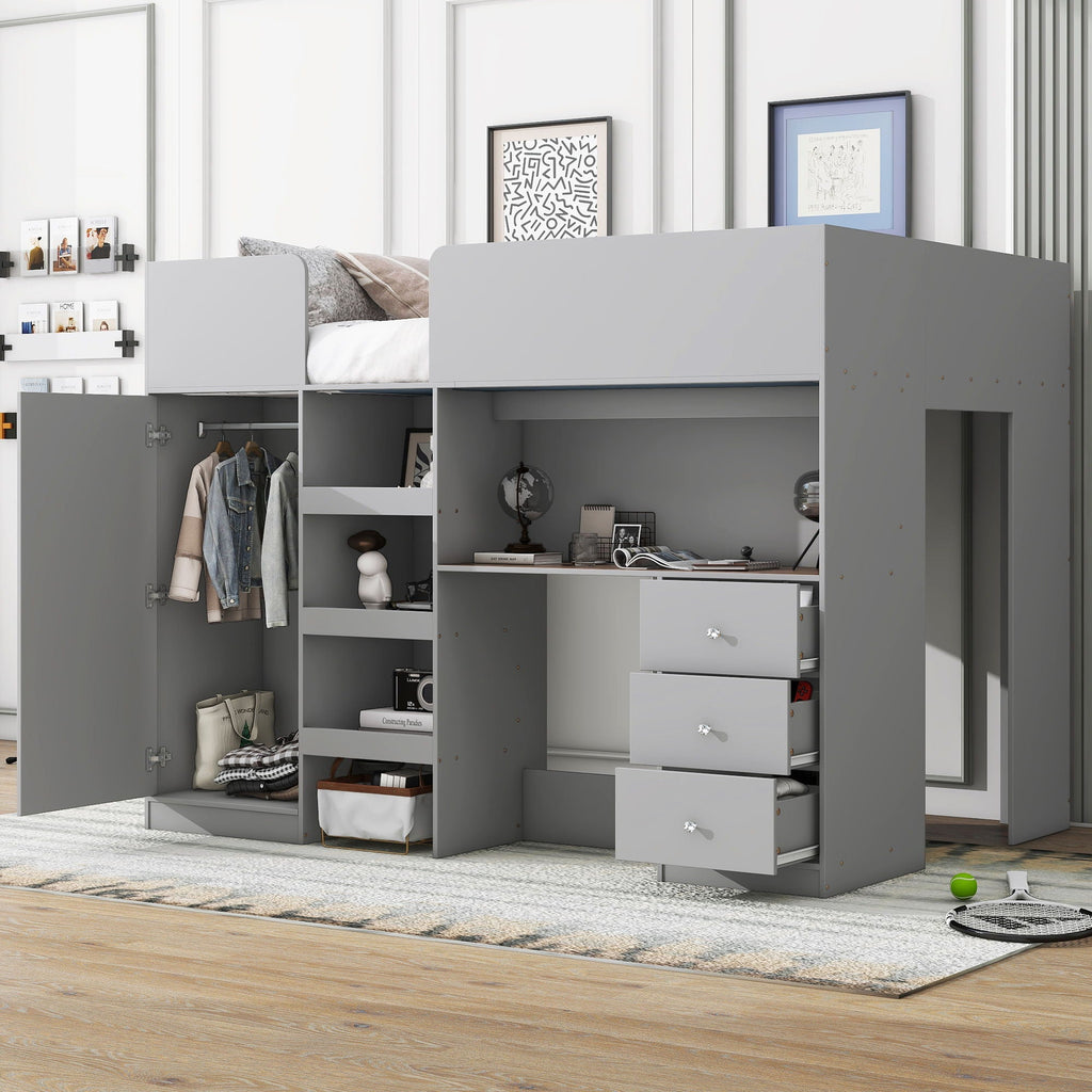 Loft Bed With Built In Wardrobe, Desk, Shelves, And Drawers