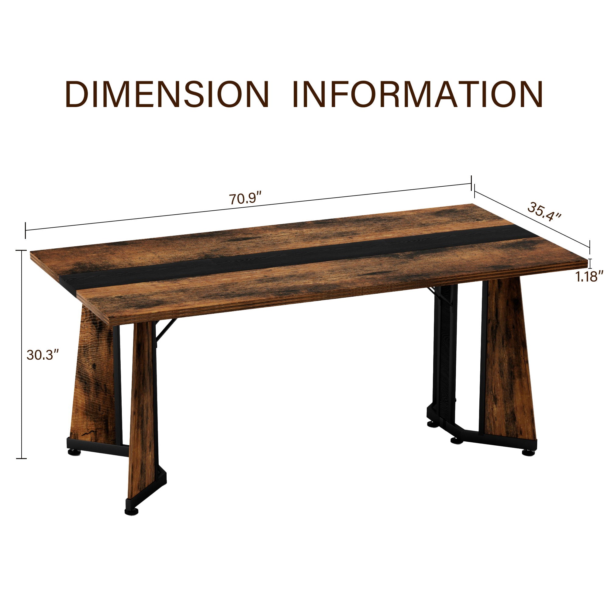 Rustic Rectangular Large Dining Table, Waterproof Desk For 8 People, & Steel With Adjustable Legs - Black / Rustic Brown