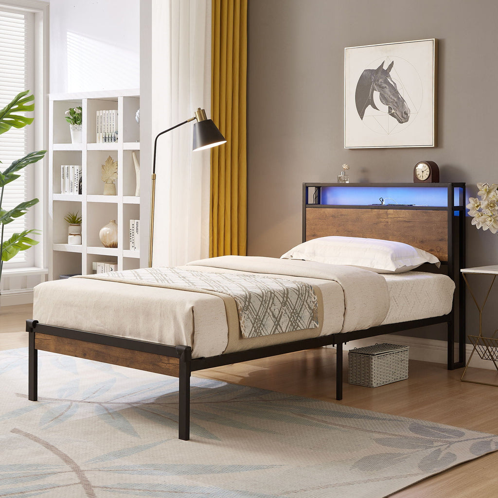 Twin Size Platform Bed Frame, LED Lights With Remote Control, USB Charging Port, Large Under Bed Storage - Black / Brown