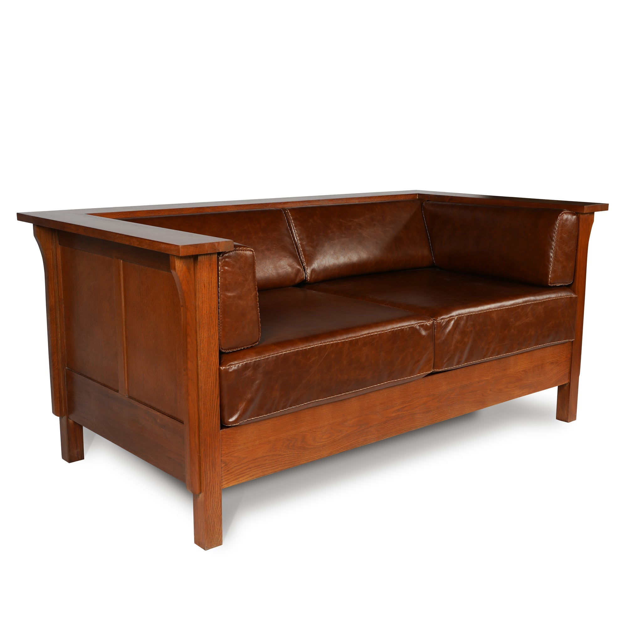 Craftsman Cubic Panel Side Love Seat - Chestnut Brown Leather