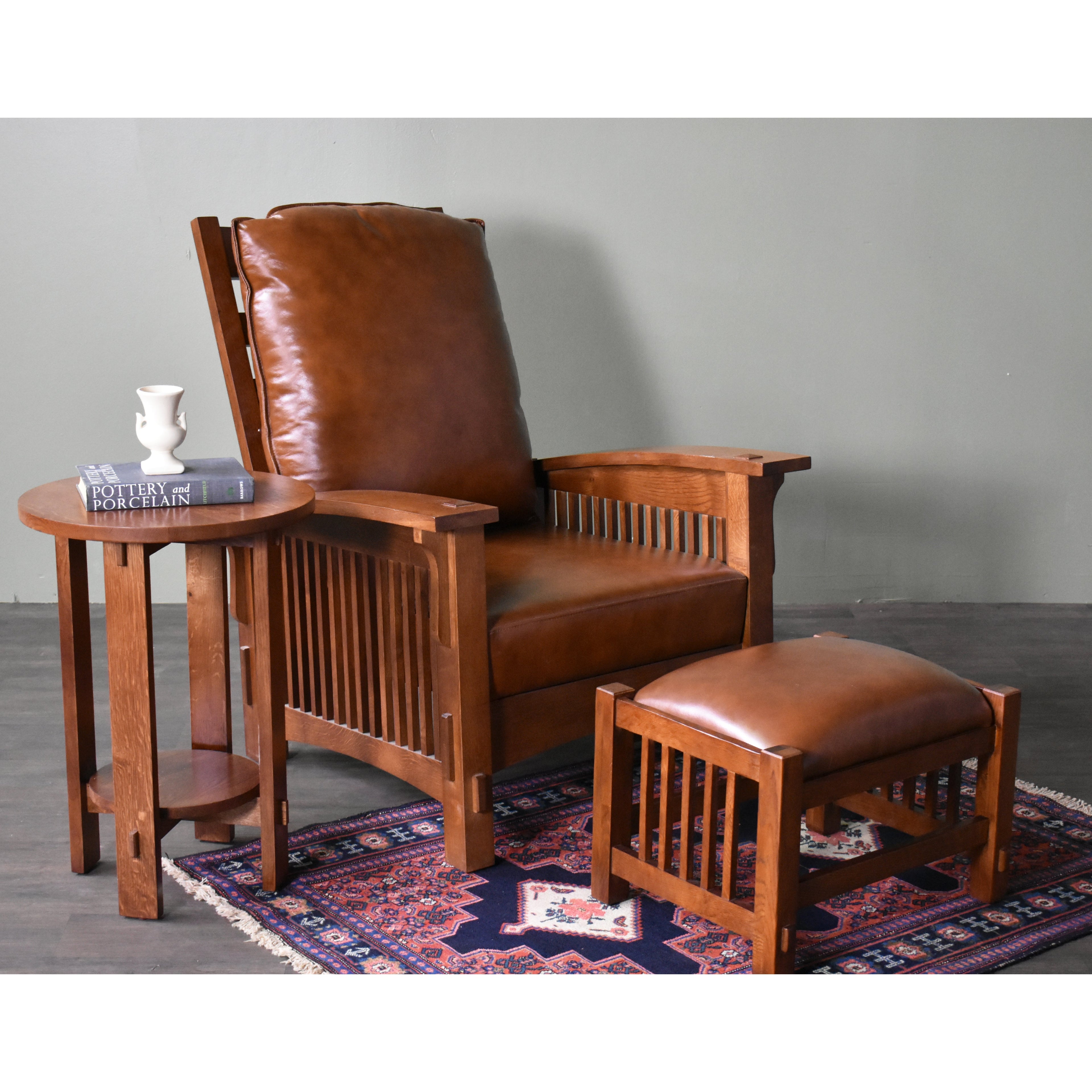 Craftsman-Mission Morris Arm Chair & Ottoman Set-Russet Brown Leather