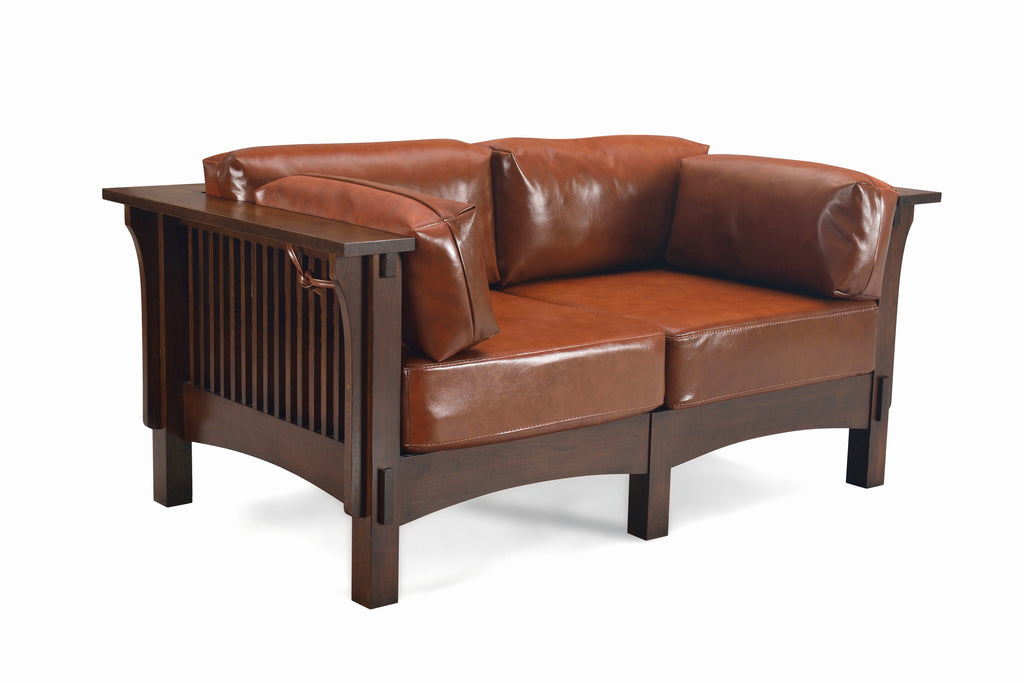 Mission Crofter Style Love Seat - Walnut stain and Russet brown leather