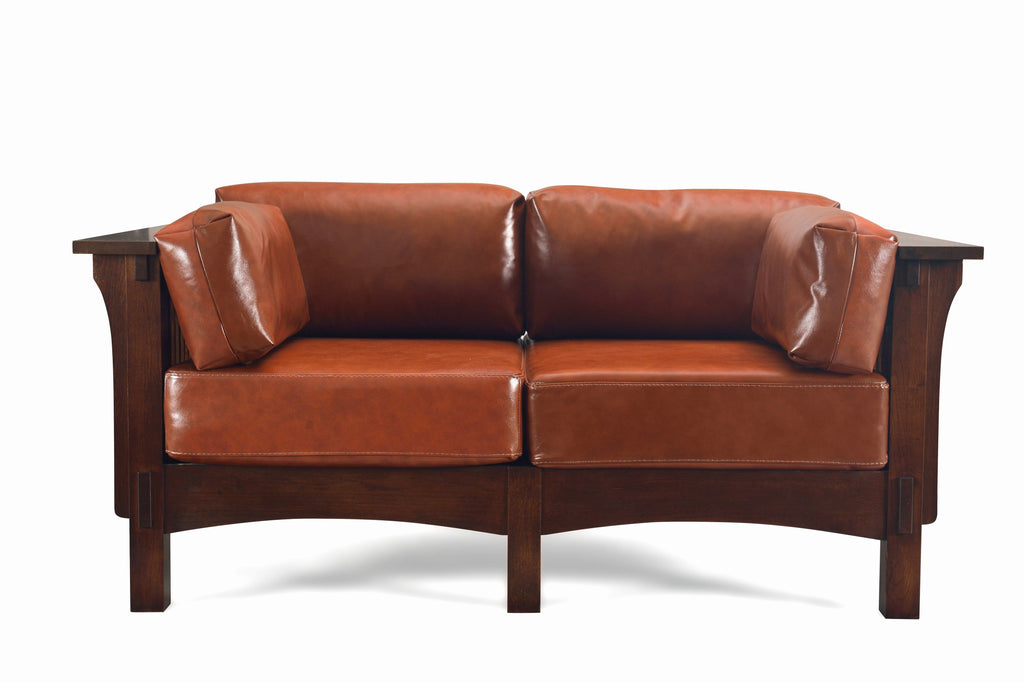 Mission Crofter Style Love Seat - Walnut stain and Russet brown leather