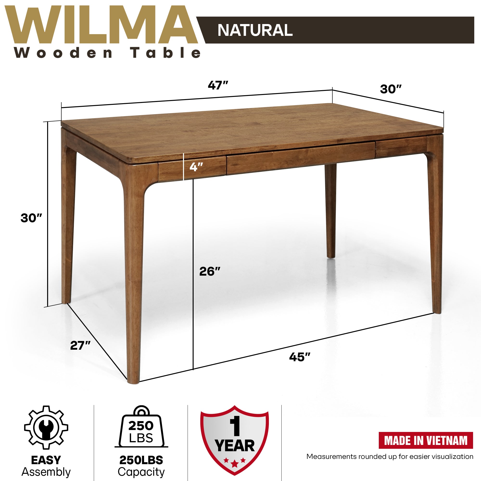 Wilma 48 Inches Rubber Wood Desk