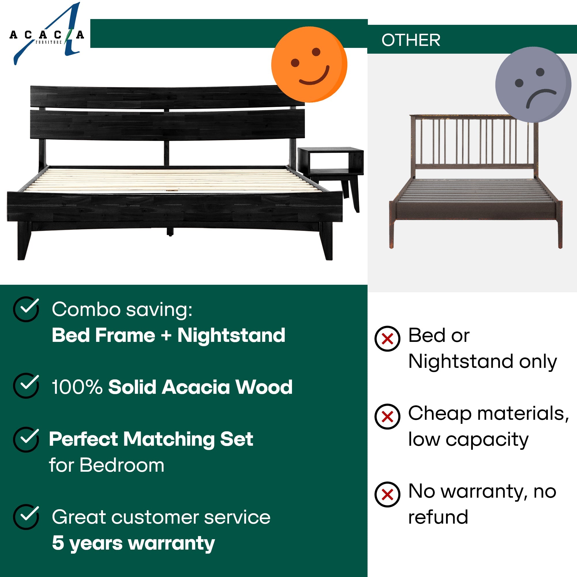 [Buy 1 Get 1] Aurora Solid Wood Bed Frame & Nightstand