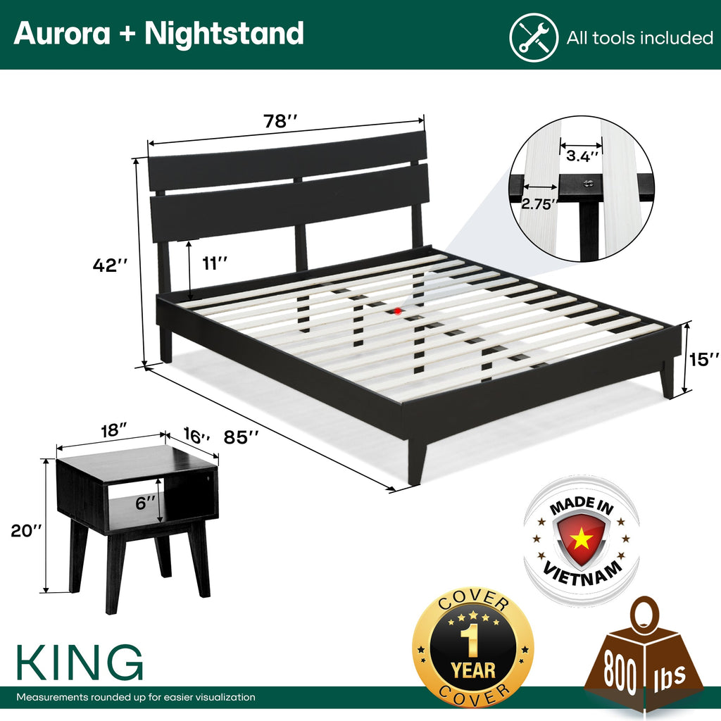 [Buy 1 Get 1] Aurora Solid Wood Bed Frame & Nightstand