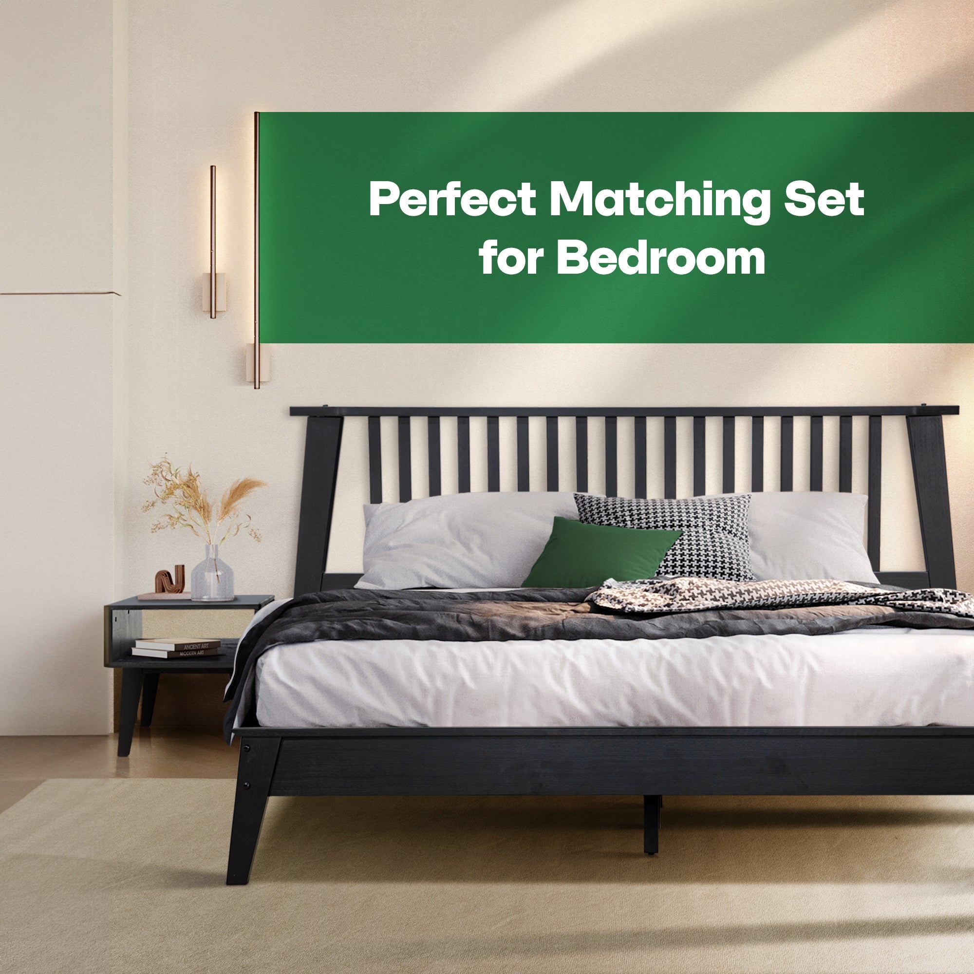 [Buy 1 Get 1] Kaylin Solid Wood Bed Frame & Nightstand