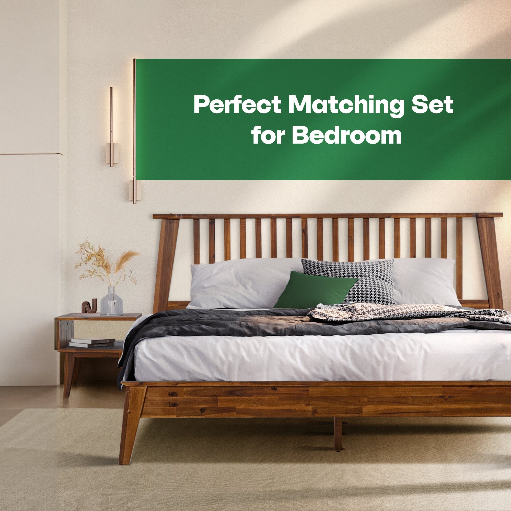 [Buy 1 Get 1] Kaylin Solid Wood Bed Frame & Nightstand
