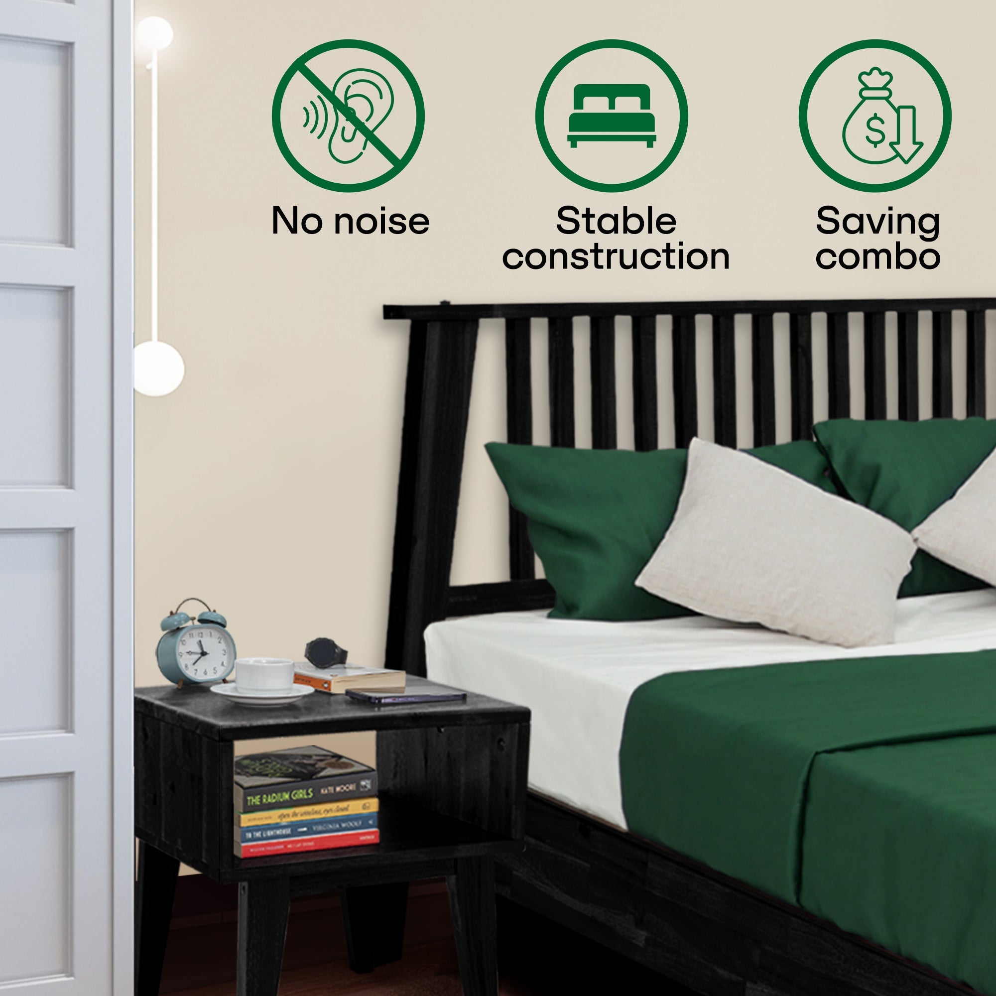 [Buy 1 Get 1] Kaylin Solid Wood Bed Frame & Nightstand