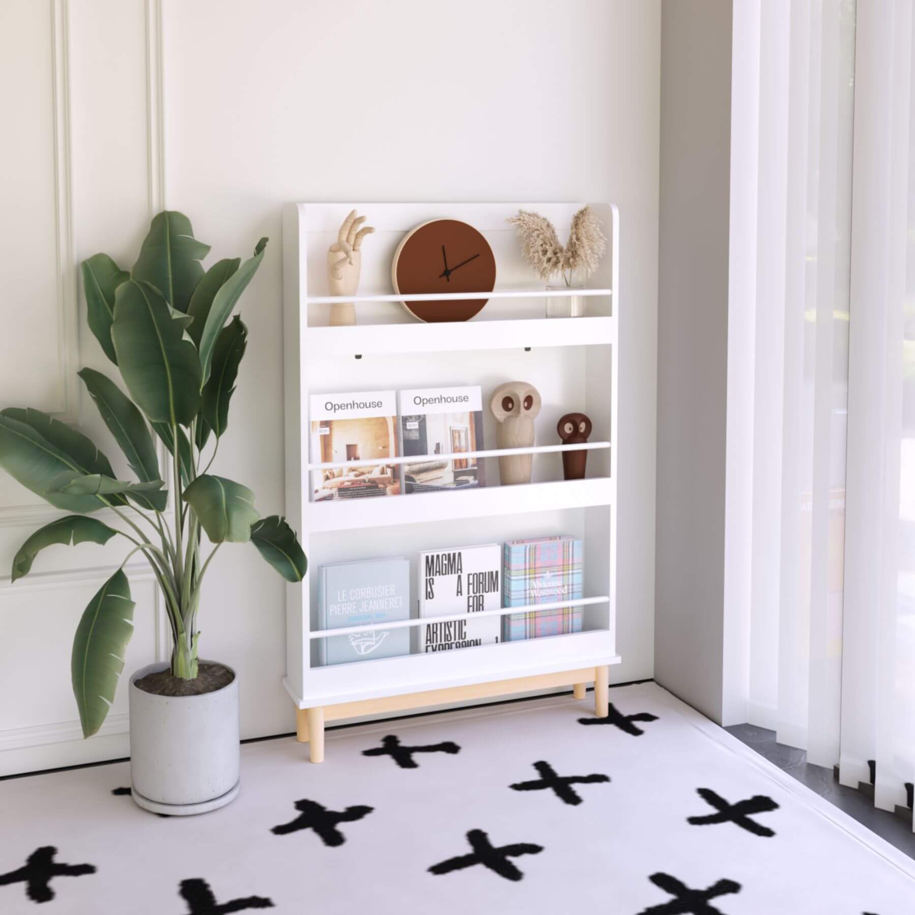 MOONRIVER Modern Wall-Mounted Kids Bookshelf, White with Natural Wood Base (Open Box)
