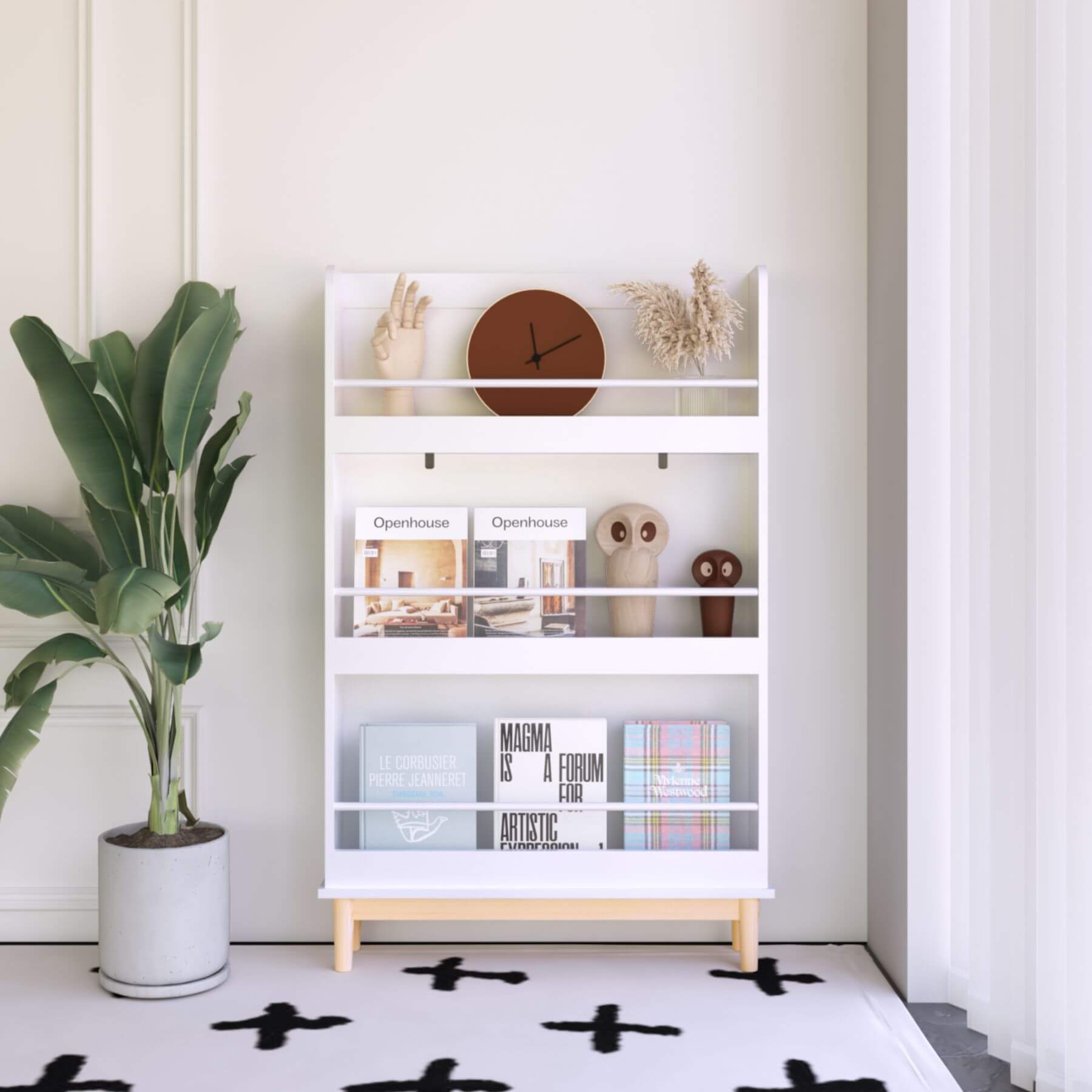 MOONRIVER Modern Wall-Mounted Kids Bookshelf, White with Natural Wood Base (Open Box)