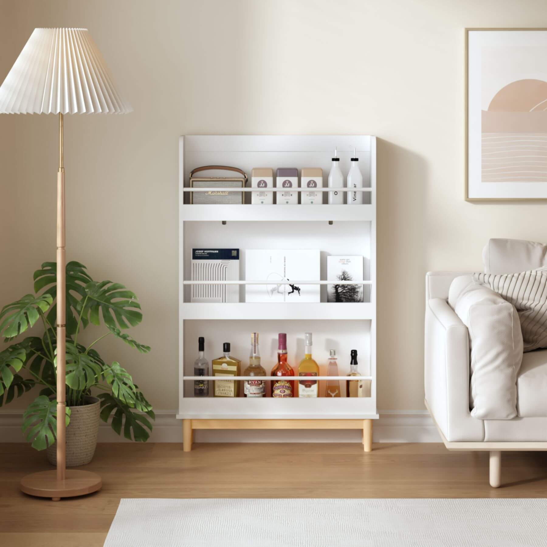 MOONRIVER Modern Wall-Mounted Kids Bookshelf, White with Natural Wood Base (Open Box)