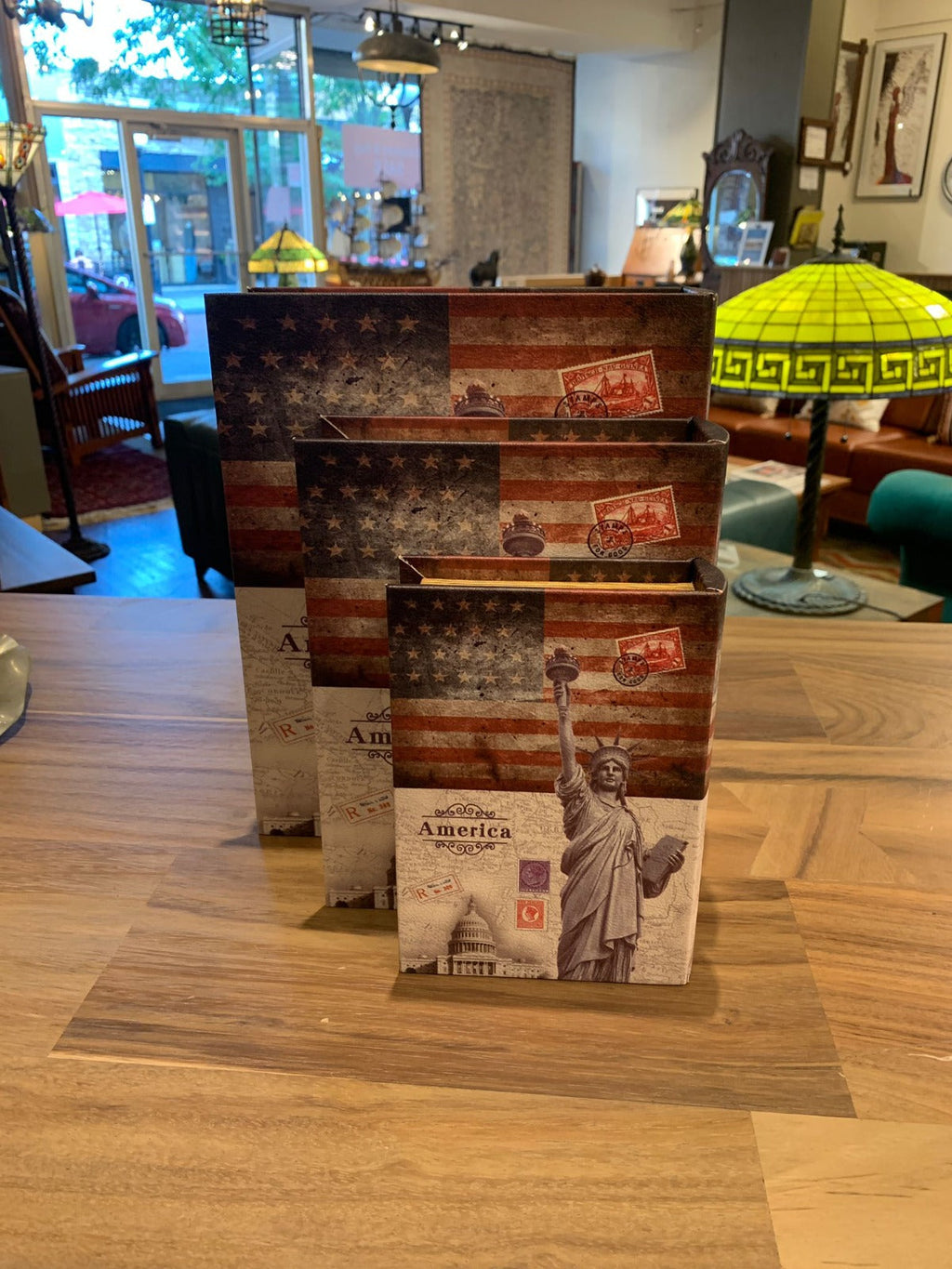 Decorative Book Box Set of 3 – America Flag & Statue of Liberty Hidden Storage, Faux Leather Keepsake Organizer