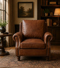 English Rolled Arm - Arm Chair - Bark Brown Leather