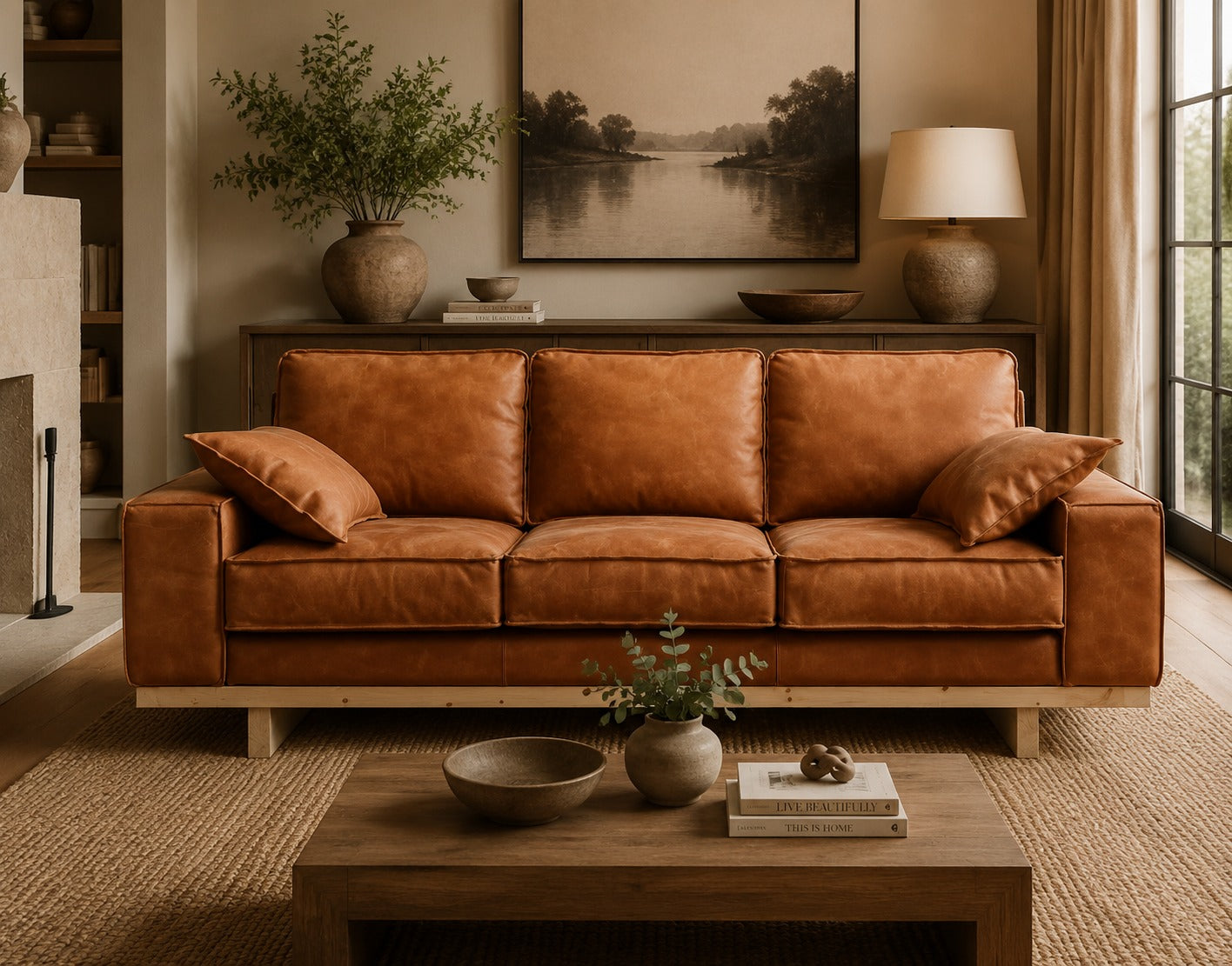 Wainscot Top Grain Leather Sofa - Light Chestnut