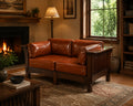 Mission Crofter Style Love Seat - Walnut stain and Russet brown leather