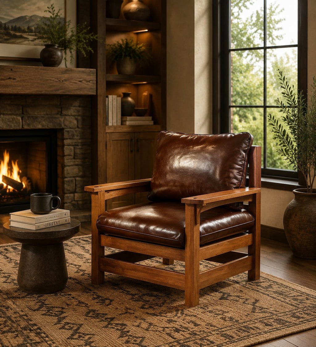 Preorder Mission Leather and Oak Armchair / Living Room chair - Chestnut