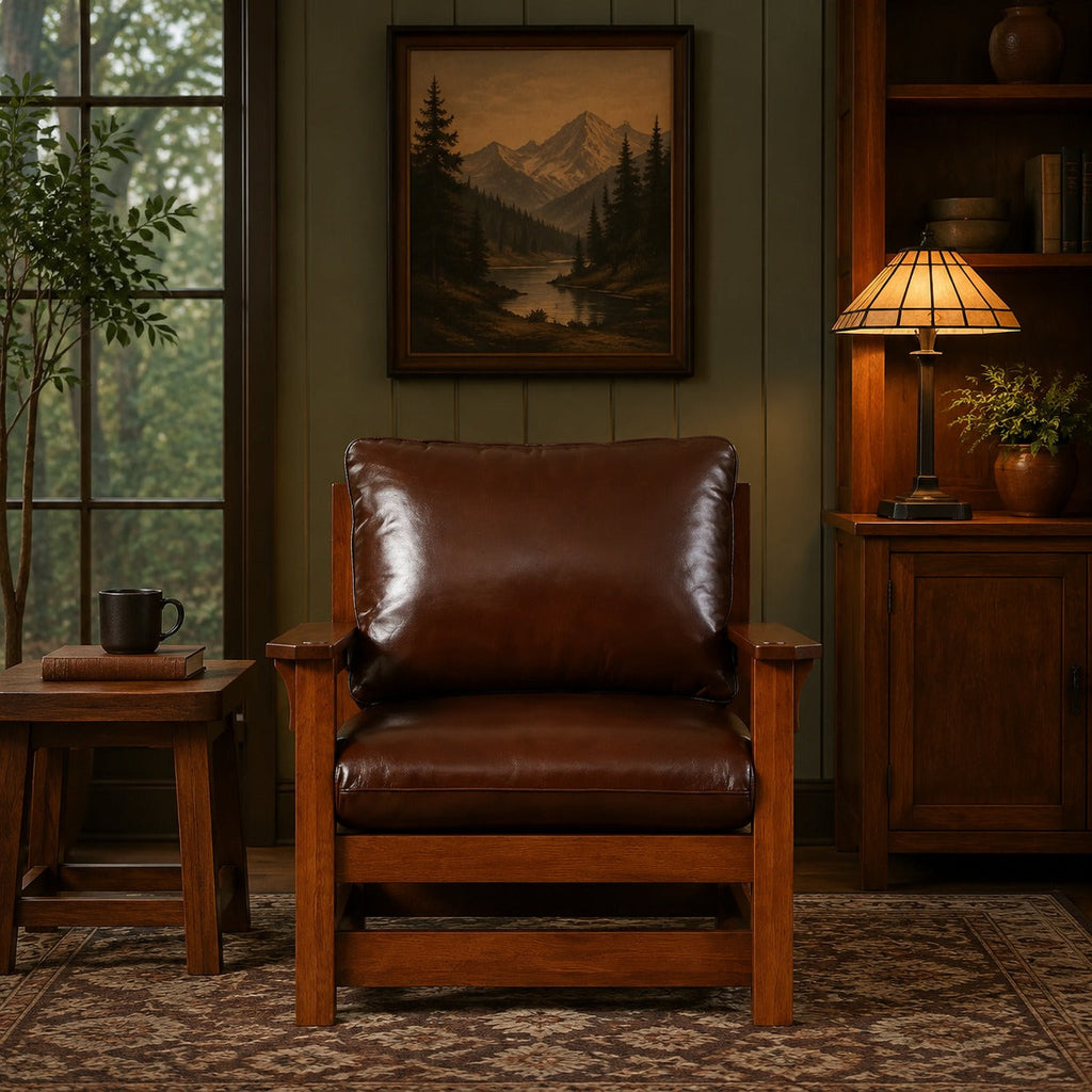 Preorder Mission Leather and Oak Armchair / Living Room chair - Chestnut