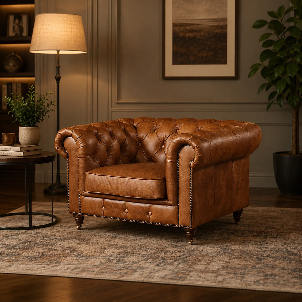 Century Chesterfield Arm Chair - Light Brown Leather