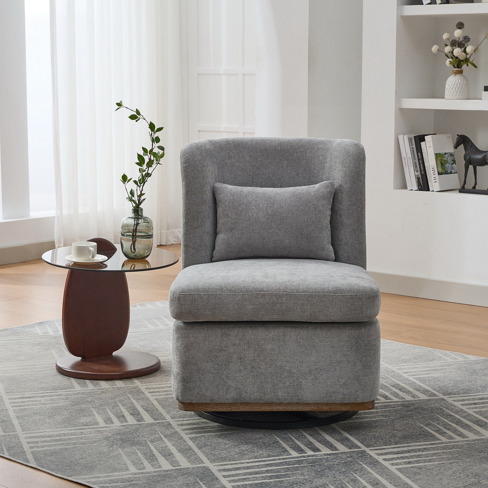 Wide Modern Cushioned Armless Metal Base 360° Swivel Chair With Pillow