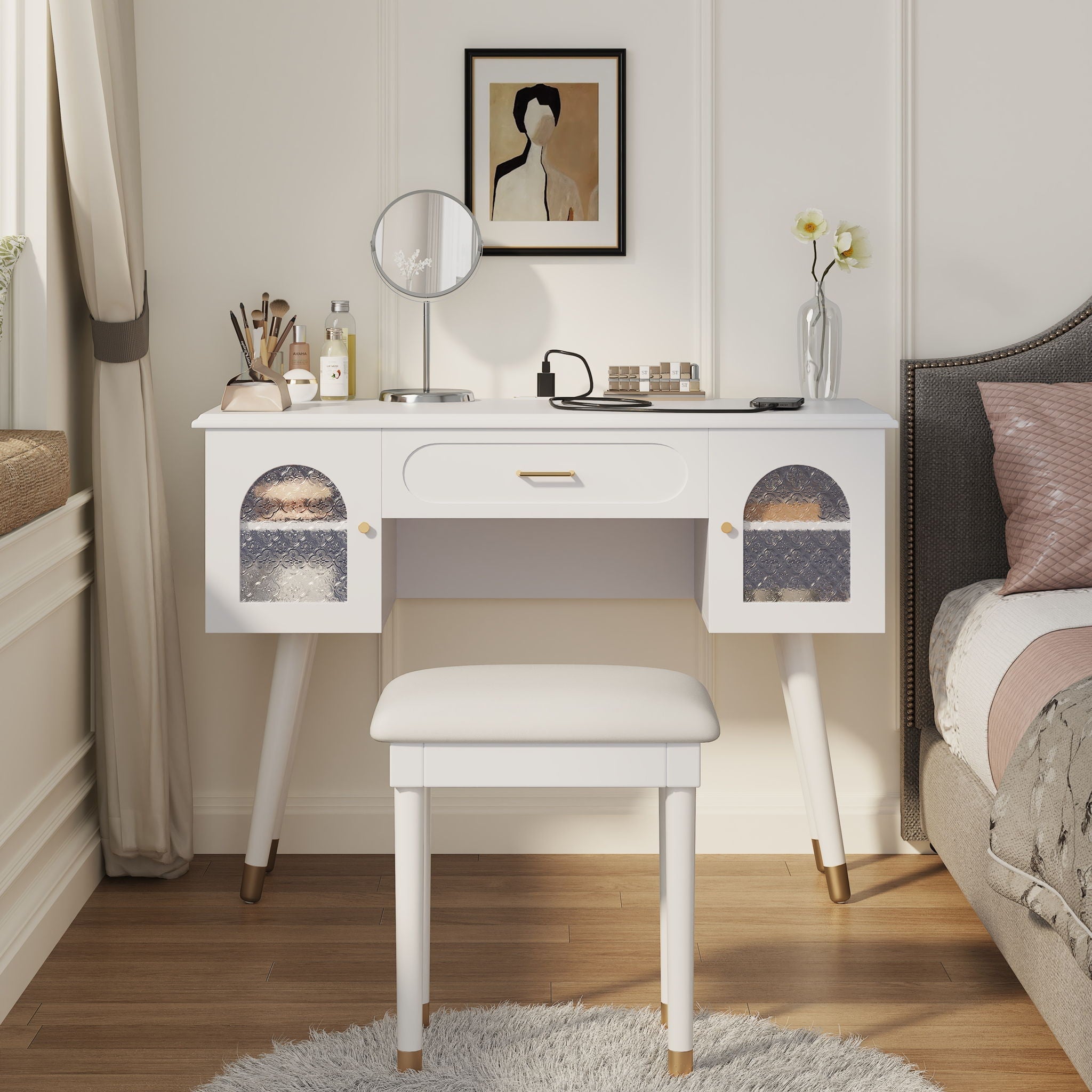 Elegant Vanity Makeup Table & Chair Set Modern Dressing Table With Organizer Writing Desk Charging Port Engineered Wood - White