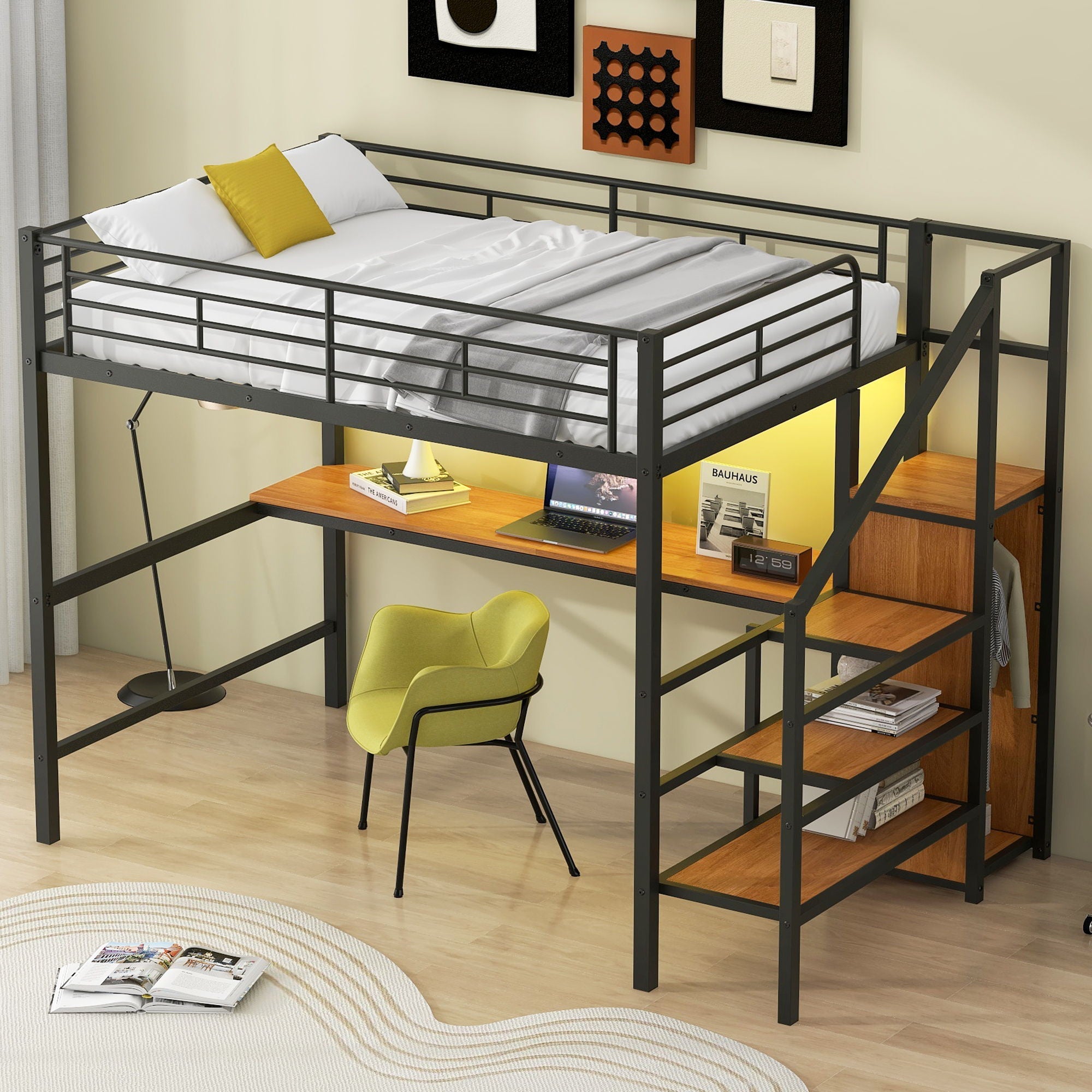 Loft Bed With Desk, Storage Staircase, Small Wardrobe And LED Light