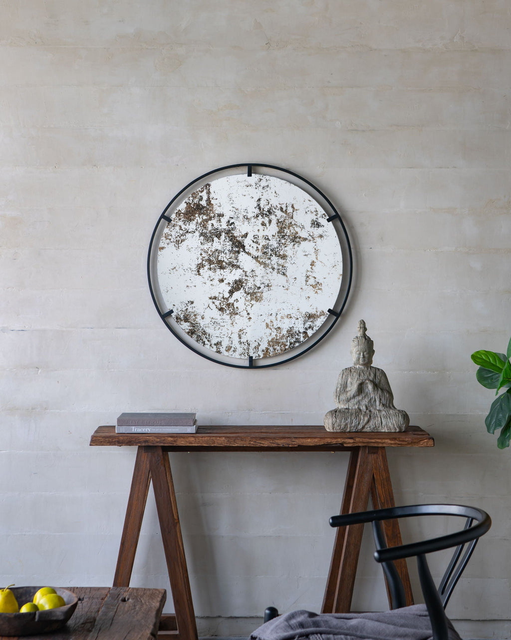 Theodor - Mirror With Industrial Design Round Mirror With Metal Frame For Wall Decor & Entryway Console Lean Against Wall - Black