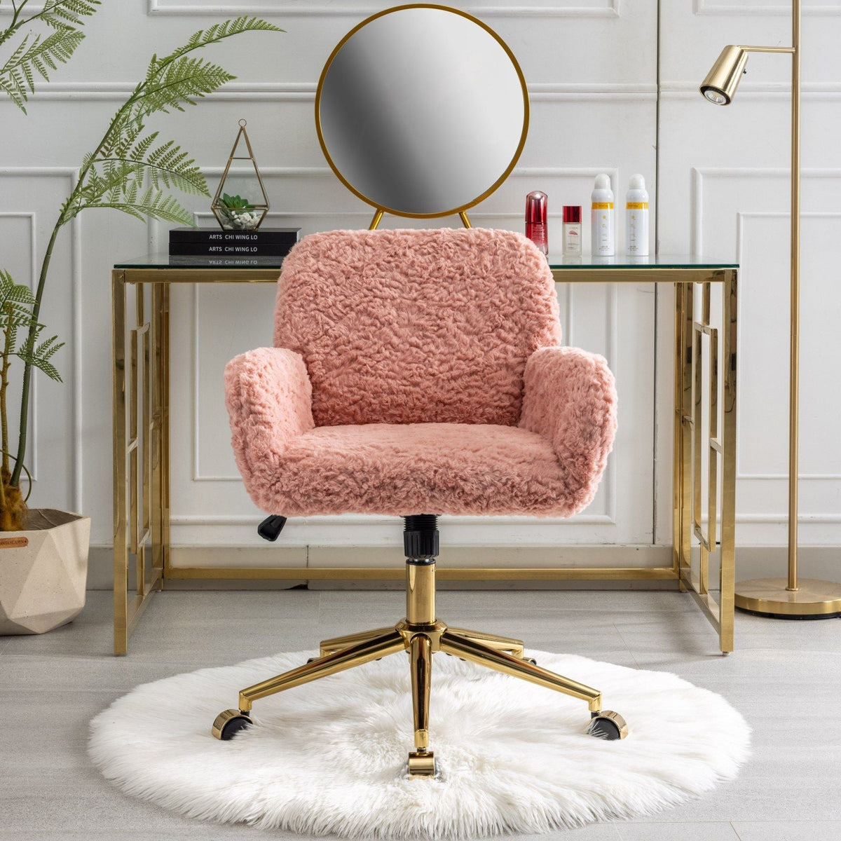 Office Chair, Artificial Rabbit Hair Home Office Chair With Metal Base, Adjustable Desk Chair Swivel Office Chair, Vanity Chair