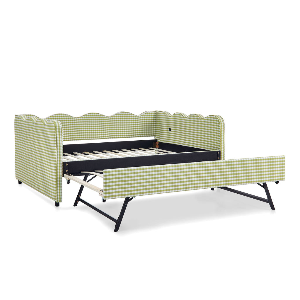 Gingham Daybed With USB Charging Port, Wave-Shaped Design