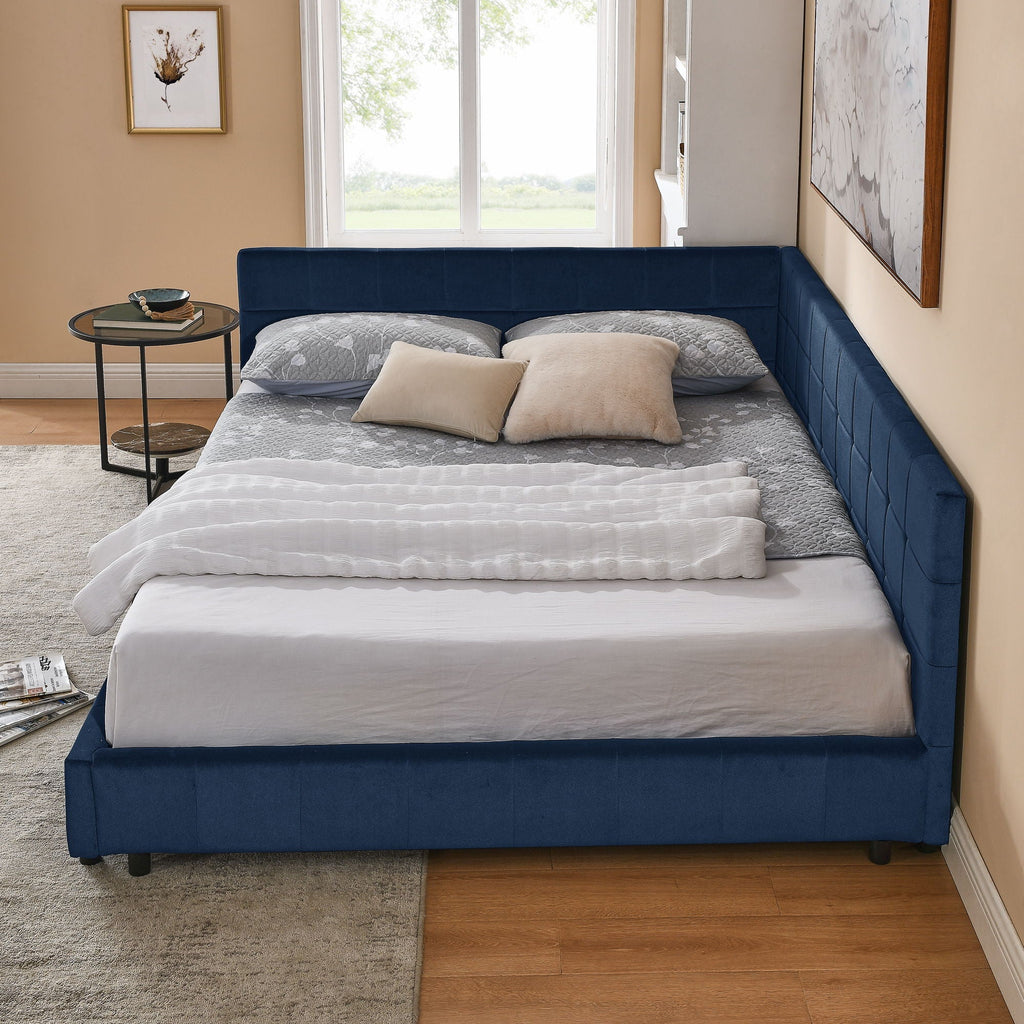 Mid-Century Storage Upholstered Tufted Bed Frame With Backrest And Armrests