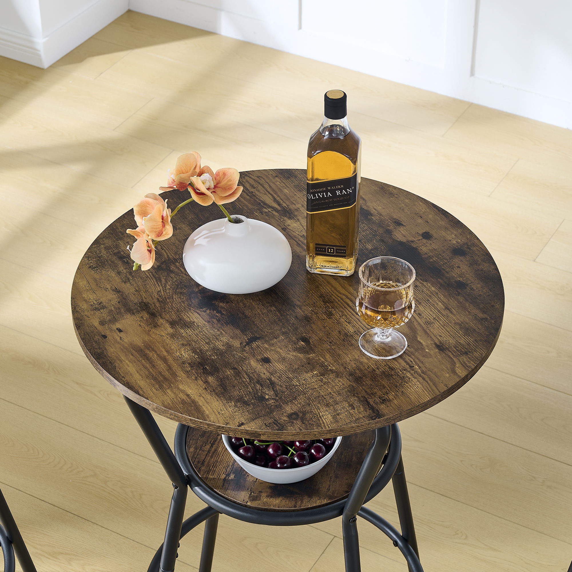 Rustic Brown Round Bar Table And Stool Set With Shelf, Upholstered Stool With Backrest - Antique Brown