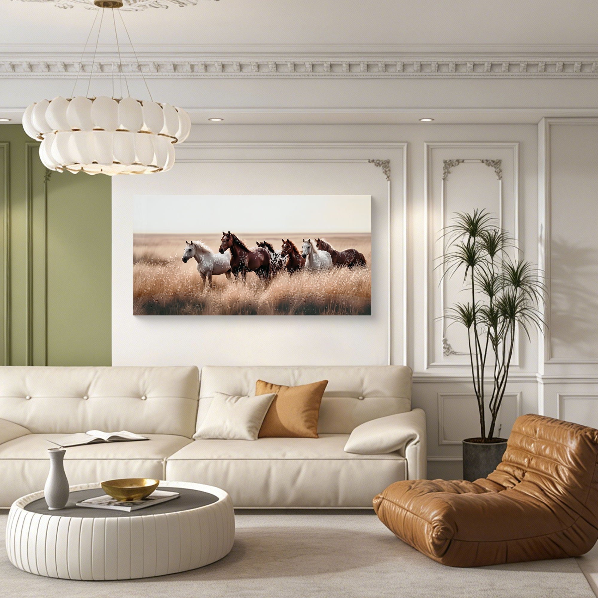 Horses Wall Art Decor, Western Farm Equine Canvas Picture Wild Animals Walking For Living Room - Brown / Cottage White