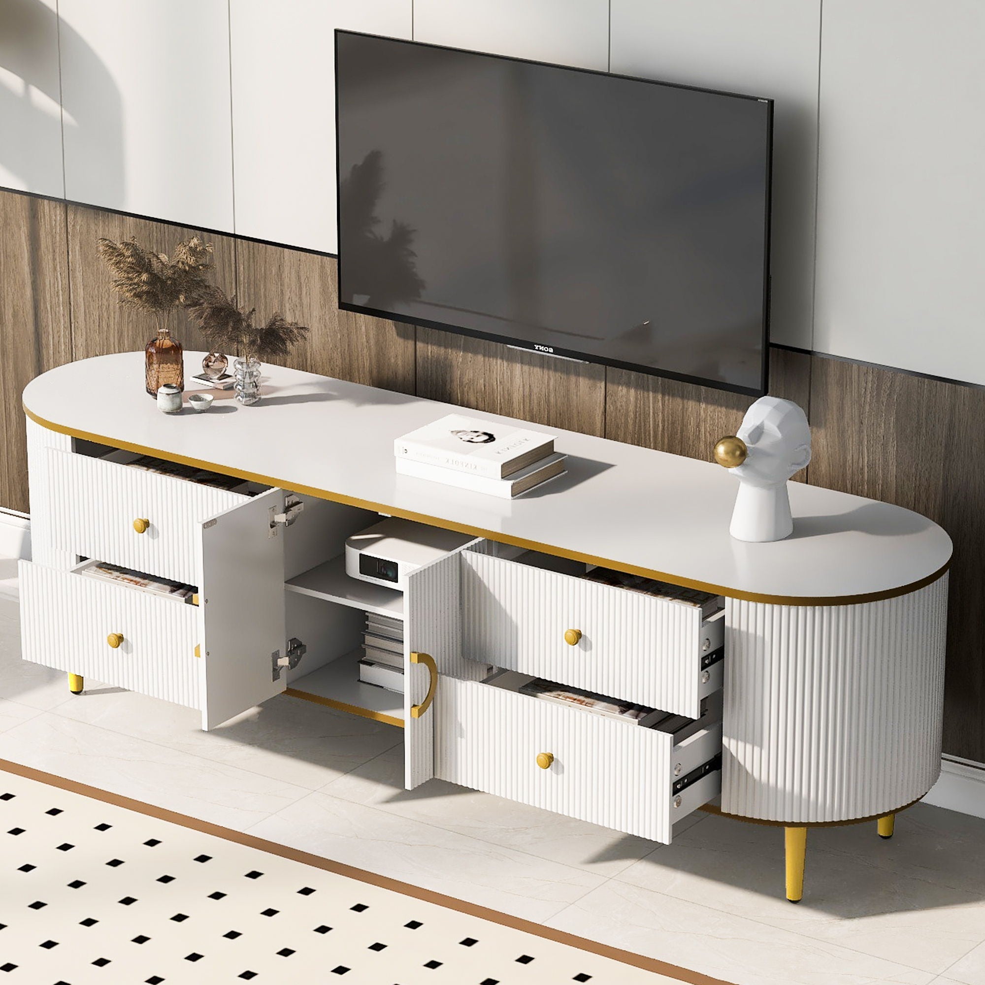 Modern TV Stand For TVs Up To 80", Entertainment Center With 4 Drawers And 1 Cabinet, Wood TV Console Table With And Handles For Living Room - White