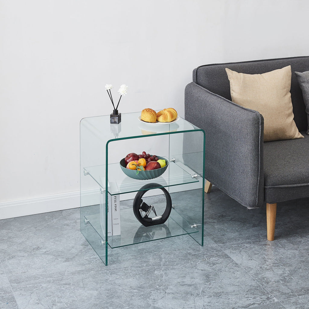 Tempered Clear Bent Glass Side Table Sofa Table, Multi Purpose Use, Premium Tempered Glass - Transparent