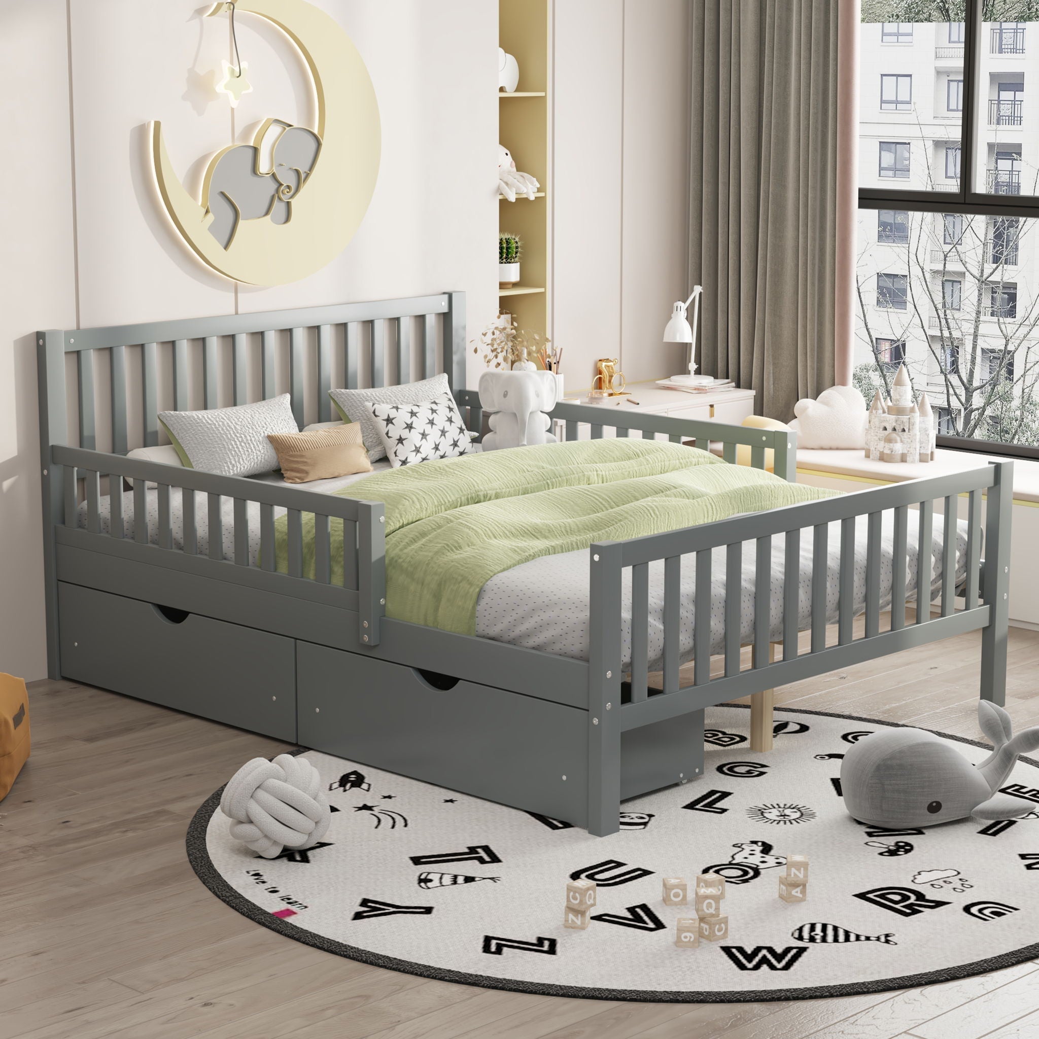 Platform Bed With Guardrails On Both Sides And 2 Storage Drawers