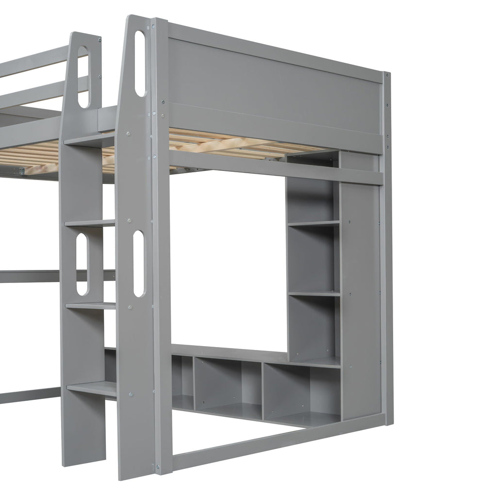 Full Size Gaming Loft Bed With Desk, Multi Storage Shelves, LED Lighting, And Hanging Clothes Rack - Gray