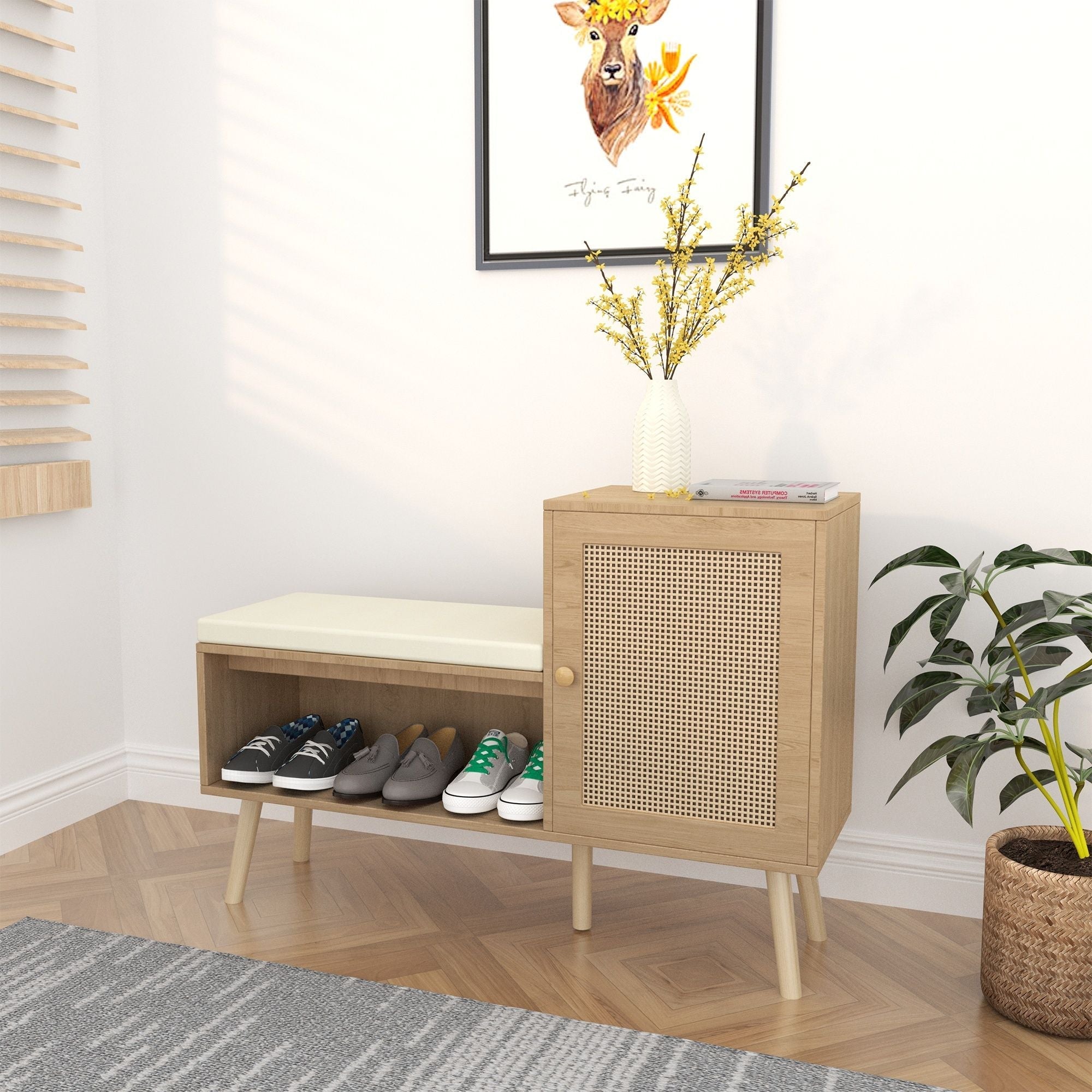 2 In 1 Shoe Storage Bench With Adjustable Shelves - Antique Natural / Rattan