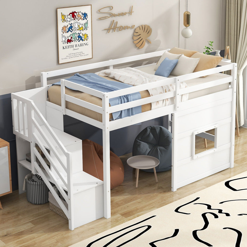 Loft Bed With Storage Staircase, Window & LED Light