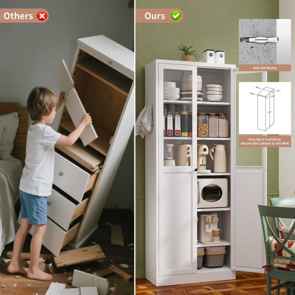 Tall Metal Kitchen Pantry Cabinet With Adjustable Shelves And Silent Magnetic Doors - White