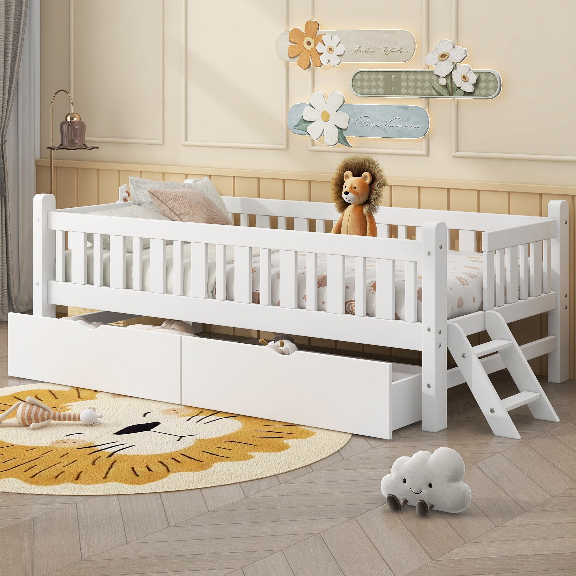 Platform Bed With Guardrail And 2 Drawers