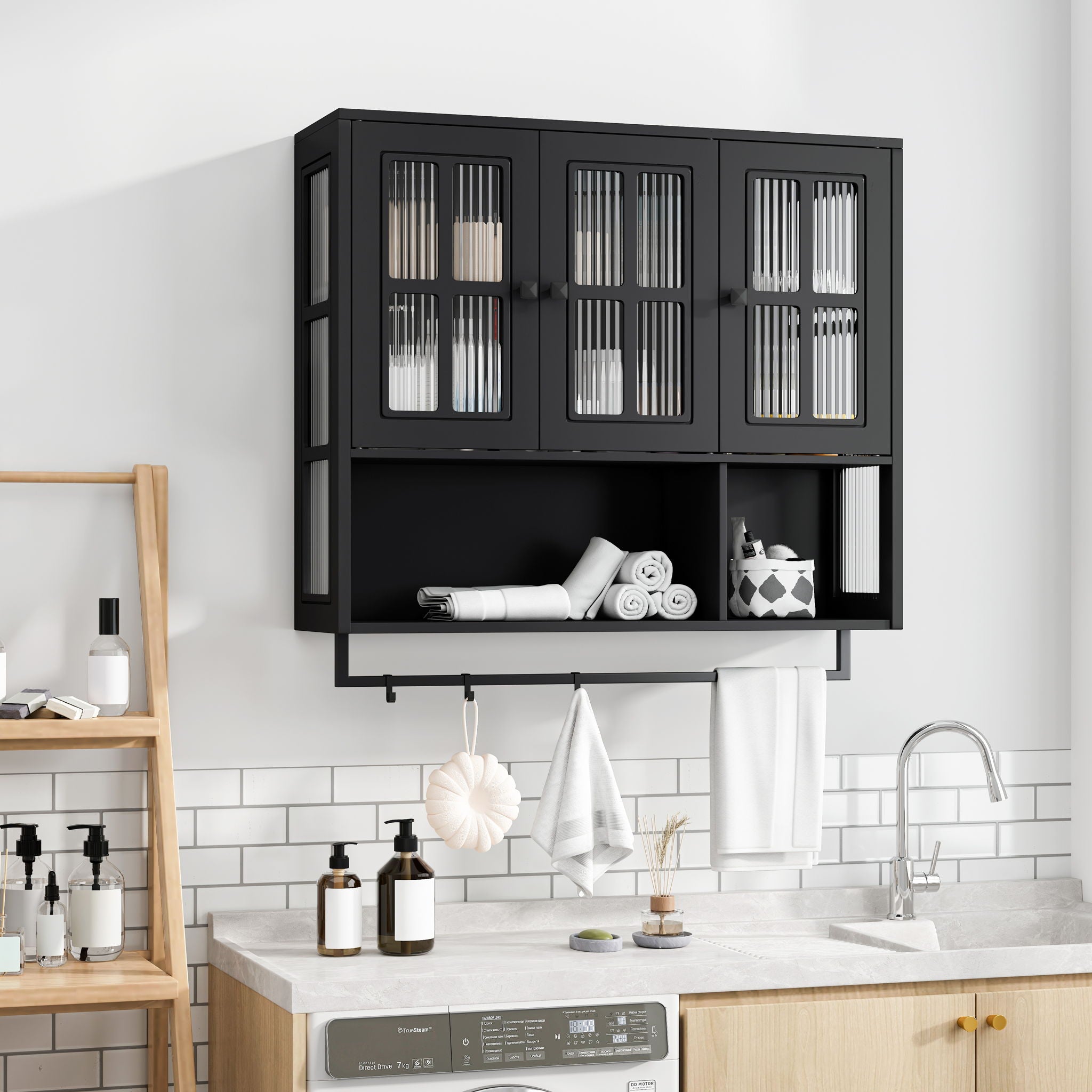 3 Door Wall Cabinet With Glass Door And Towel Bar