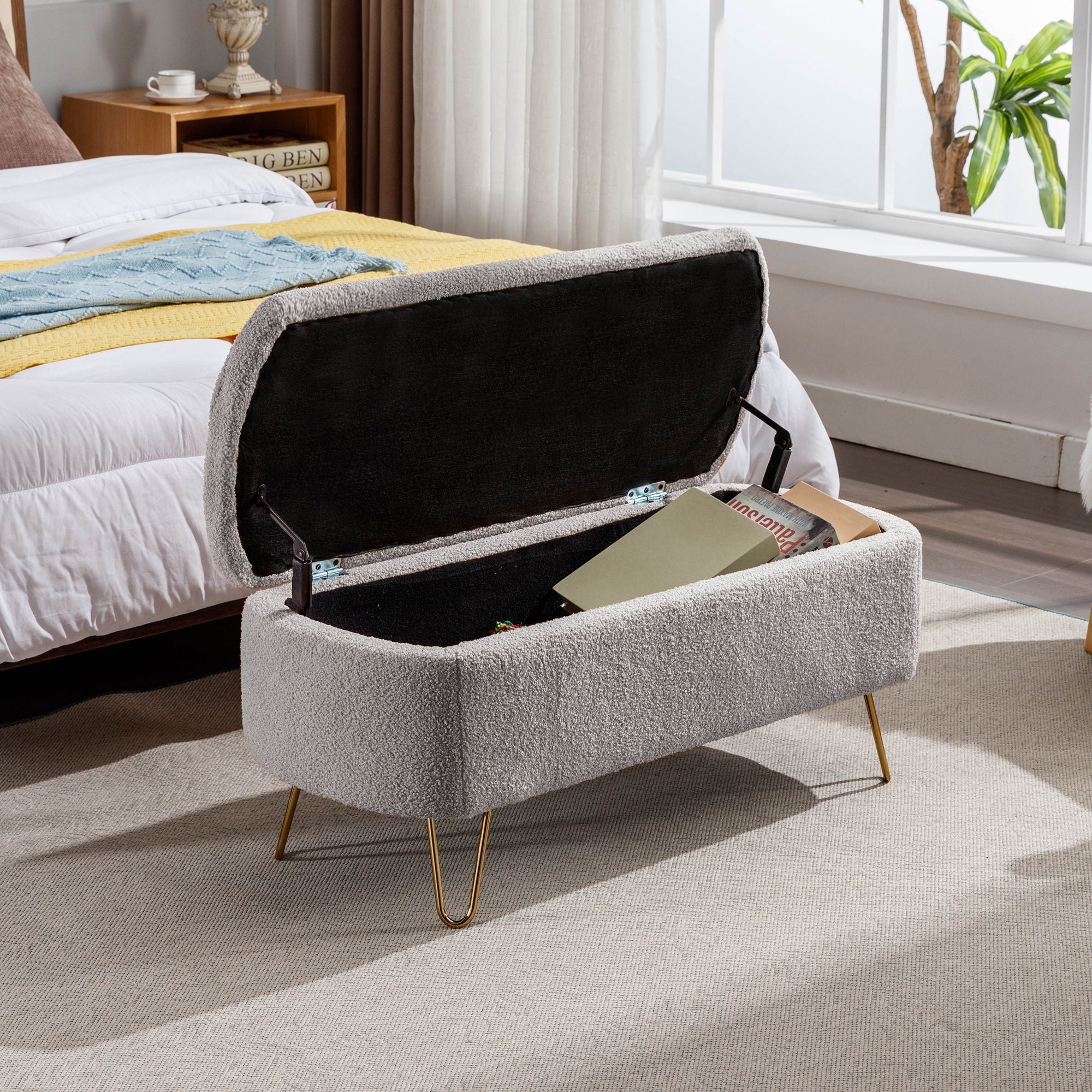 Storage Ottoman Bench For End Of Bed Legs, Modern Camel Faux Fur Entryway Bench Upholstered Padded With Storage For Living Room Bedroom