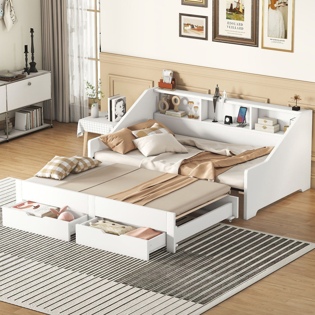 Daybed Frame With Storage Bookcases, 2 Drawers, Charging Station
